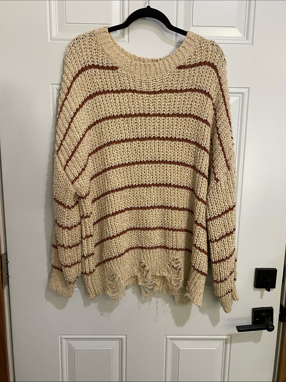 Cream Striped Distressed Knit Sweater - Women's